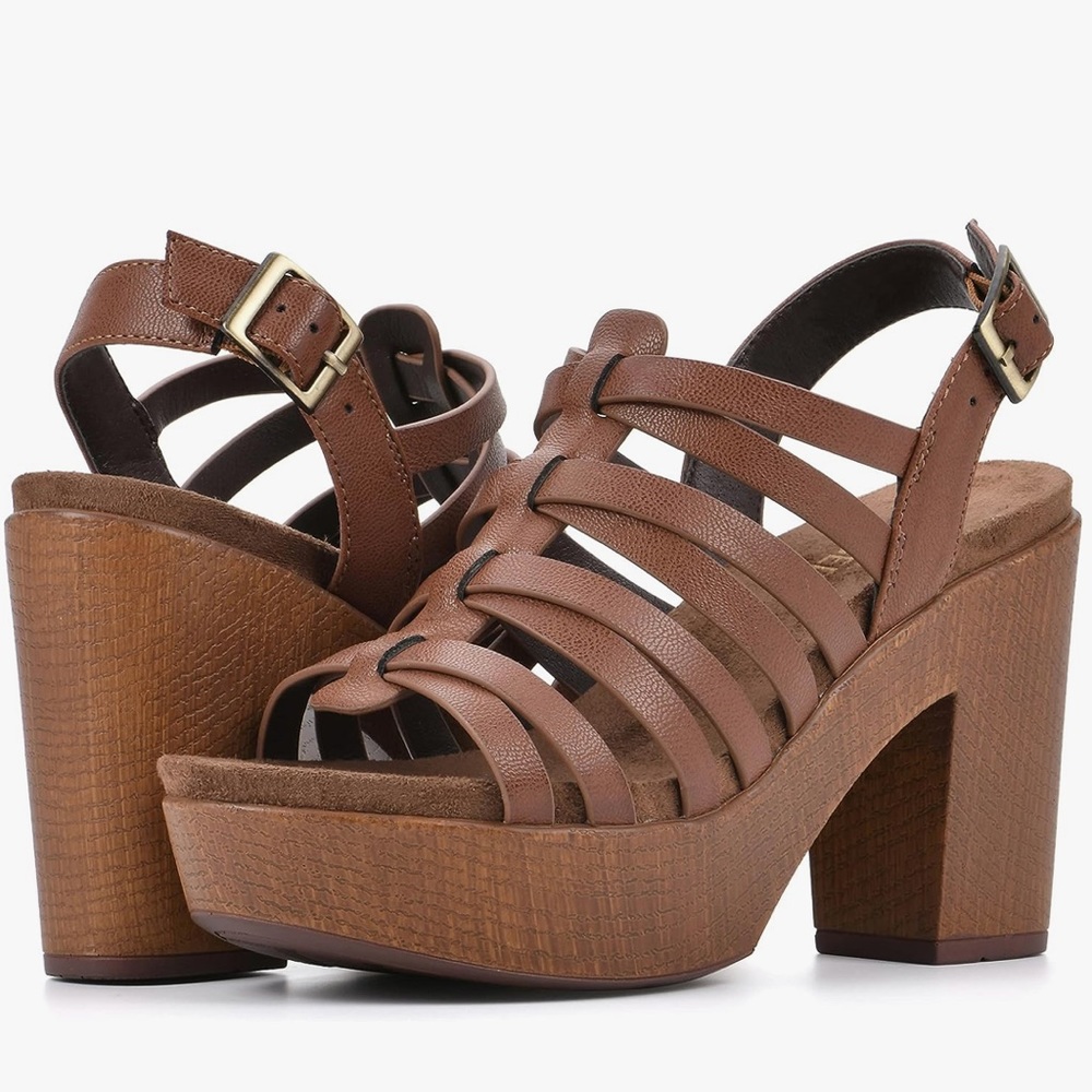 WHITE MOUNTAIN Alliance Dark Brown Faux Wood Chunky Heeled Sandals NIB